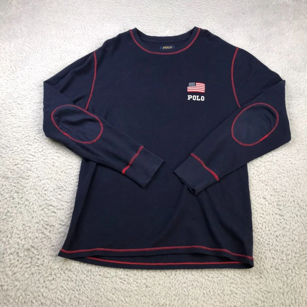 Polo Ralph Lauren Waffle Knit Crewneck Shirt Mens L Navy Flag Logo Thermal Layer